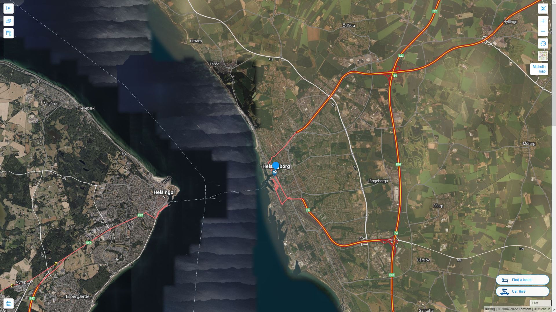 Helsingborg Suede Autoroute et carte routiere avec vue satellite